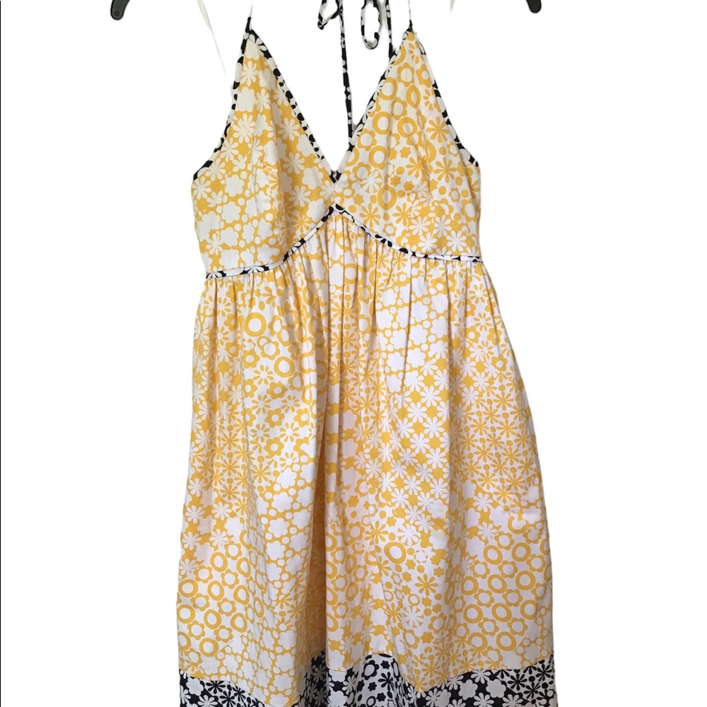 London Times sundress Sz 4 yellow black floral short mini zip back halter top